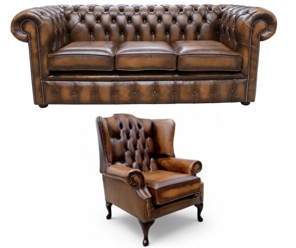 Chesterfield 3 Seater Sofa + Mallory Wing Chair Leather Sofa Suite Offer Antique Tan