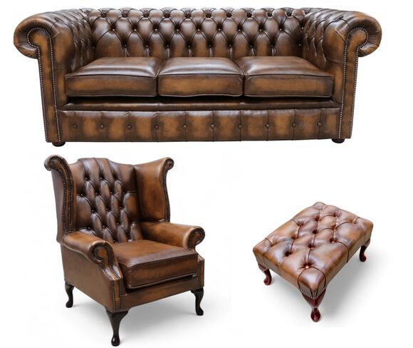 Chesterfield 3 Seater Sofa + Queen Anne Chair + Footstool Leather Sofa Suite Offer Antique Tan