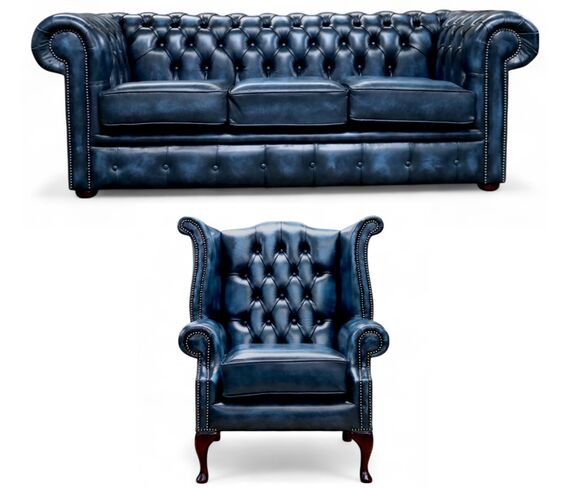 Chesterfield 3 Seater Sofa + Queen Anne Wing Chair Leather Sofa Suite Offer Antique Blue
