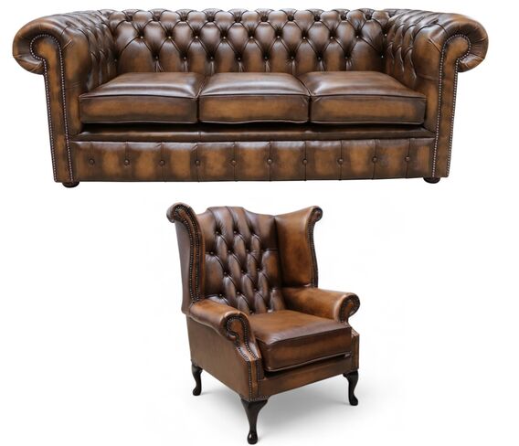 Chesterfield 3 Seater Sofa + Queen Anne Wing Chair Leather Sofa Suite Offer Antique Tan
