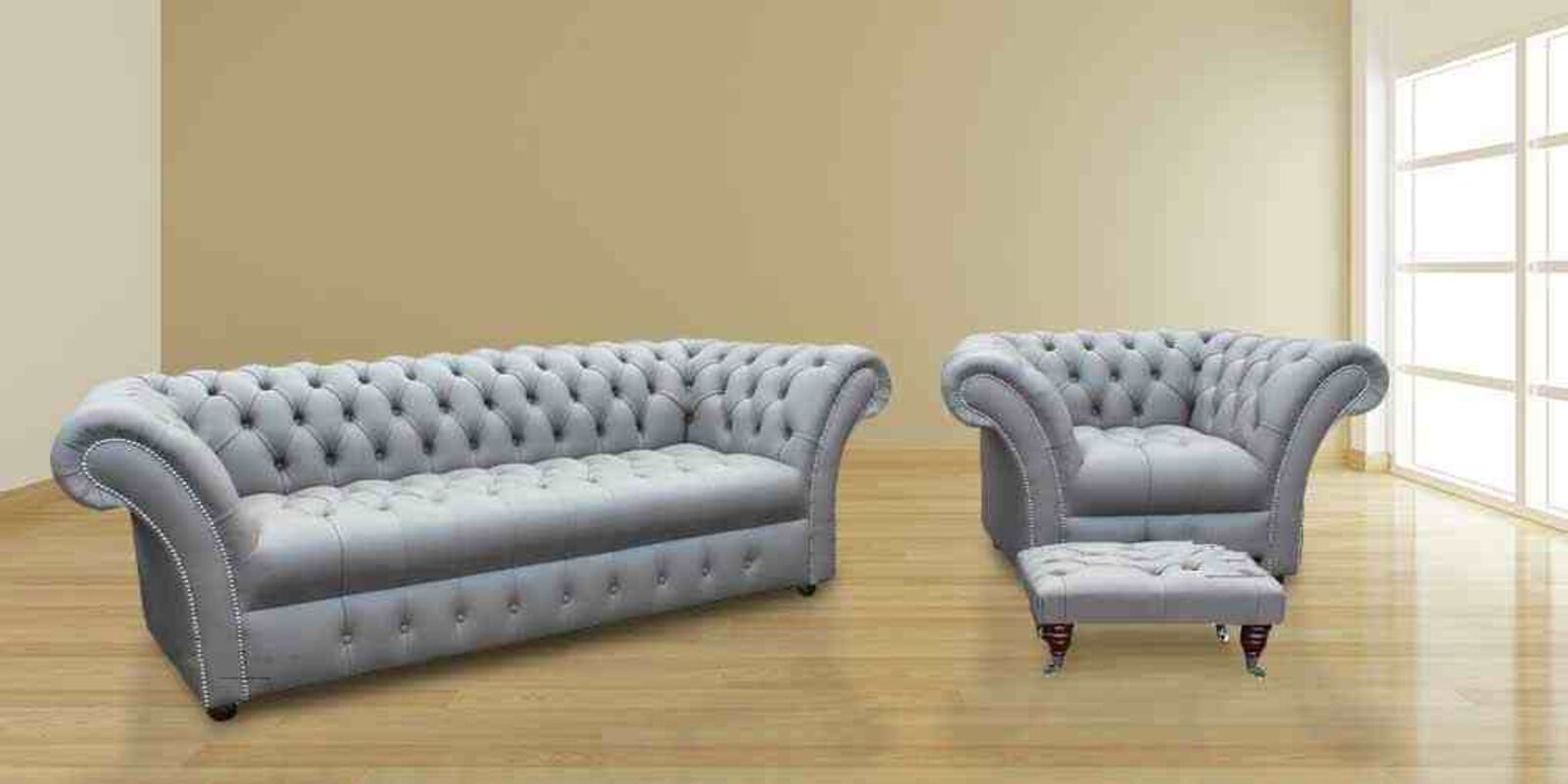 Product photograph of Chesterfield Balmoral 3 Seater Armchair Footstool Sofa Settee Buttoned Seat Silver Grey Leather from Designer Sofas 4U