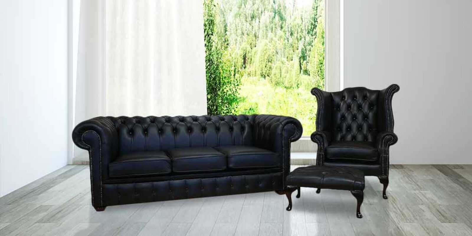 Product photograph of Black Leather Chesterfield Suite Uk Manufacturer Designersofas4u from Designer Sofas 4U