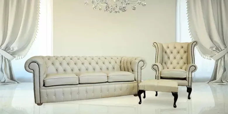 Chesterfield 3+1+Footstool in Shelly Cream Leather