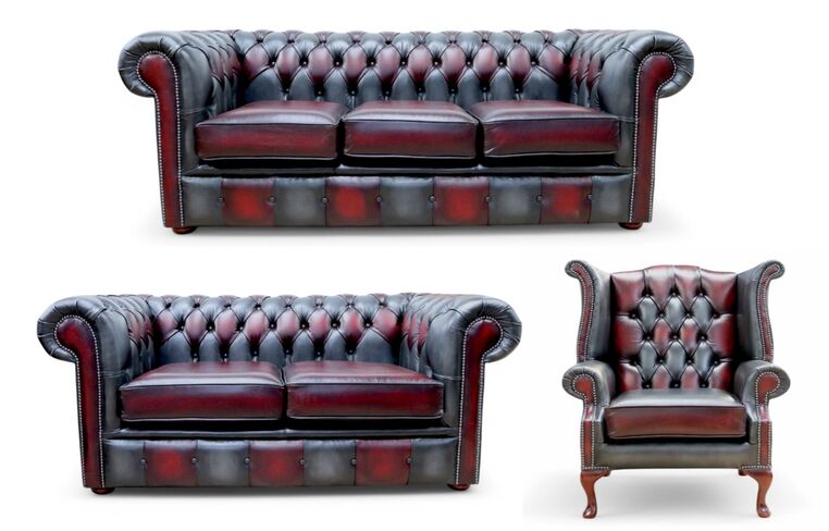 Chesterfield Devil Patchwork 3 Seater + 2 Seater + Queen Anne Chair Sofa Suite Antique Real Leather