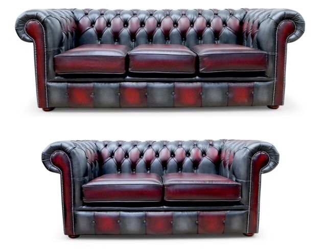 Chesterfield Devil Patchwork 3 Seater + 2 Seater Sofa Suite Antique Real Leather