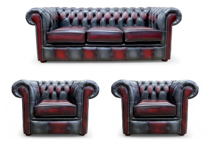Chesterfield Devil Patchwork Antique 3 Seater + 2 x Club Chairs Leather Sofa Suite Offer