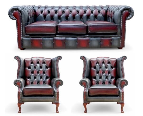 Chesterfield Devil Patchwork Antique 3 Seater + 2 x Queen Anne Chairs Leather Sofa Suite Offer