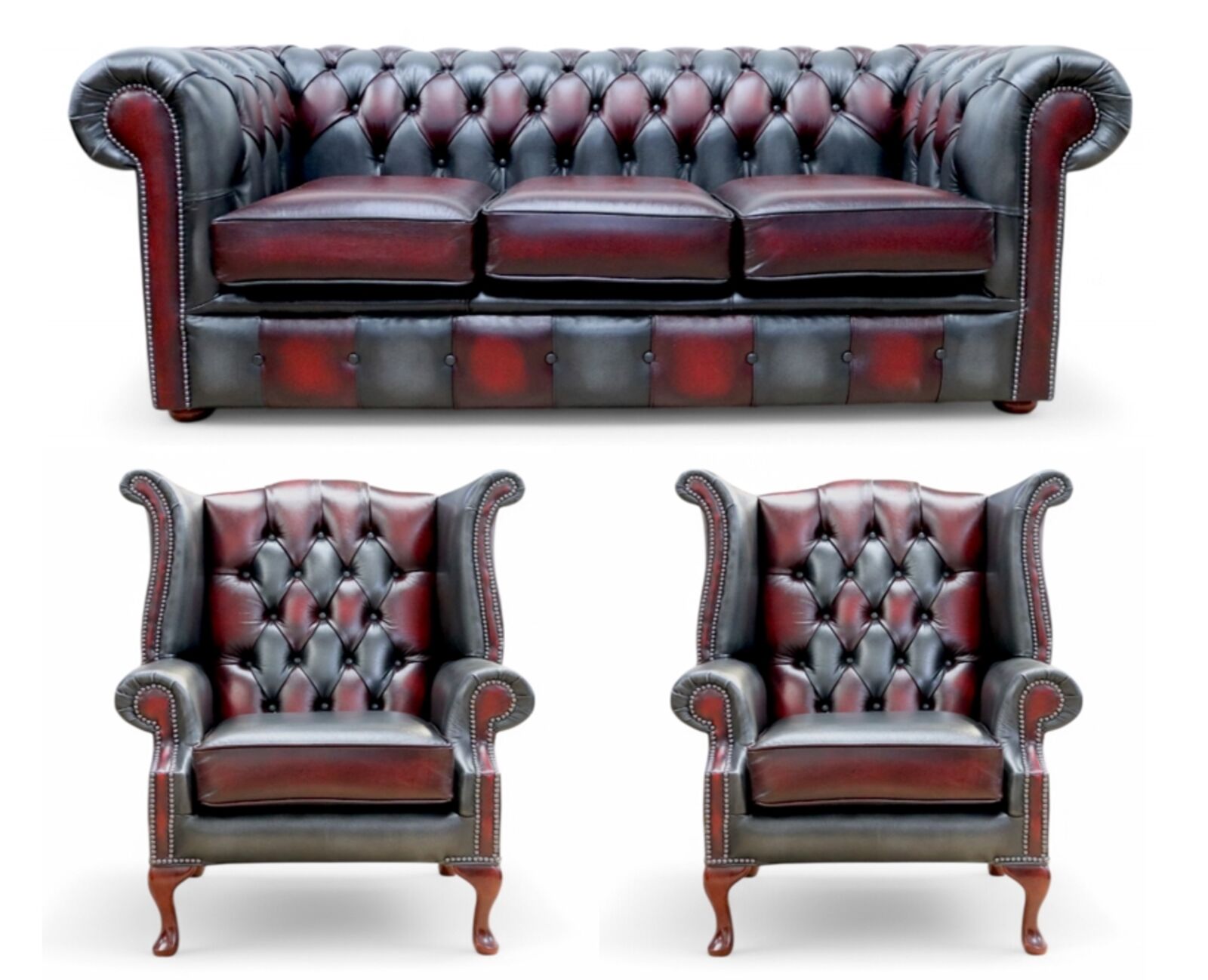 Chesterfield Devil Patchwork Antique 3 Seater + 2 x Queen Anne Chairs Leather Sofa Suite Offer