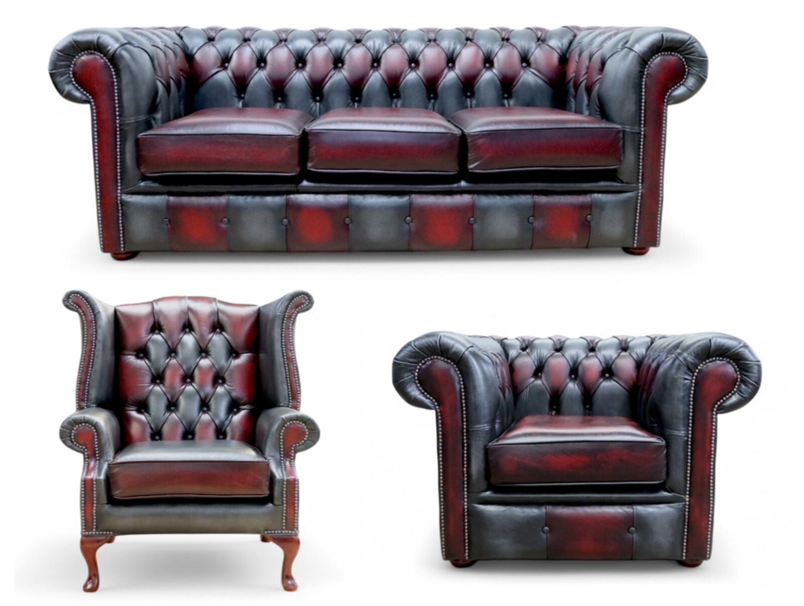 Chesterfield Devil Patchwork Antique 3 Seater + Queen Anne Chair + Club Chair Leather Sofa Suite Offer