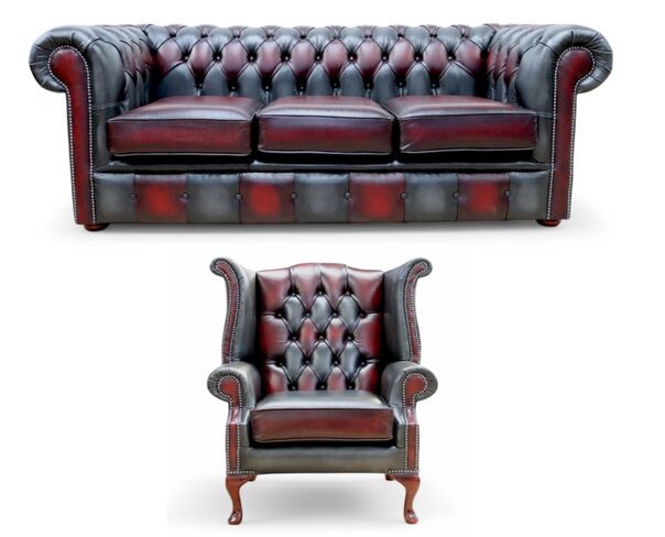 Chesterfield Devil Patchwork Antique 3 Seater + Queen Anne Chair Leather Sofa Suite Offer