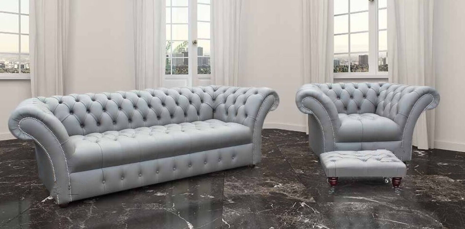 Product photograph of Shelly Silver Birch Leather Chesterfield Grosvenor 3 Seater Armchair Footstool Sofa Settee Buttoned Seat Designersofas4u from Designer Sofas 4U