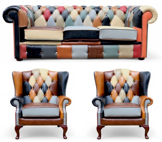 Chesterfield Harlequin Patchwork 3 Seater +  2 x Mallory Queen Anne Wing Chair Leather Sofa Suite Offer