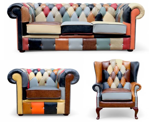 Chesterfield Harlequin Patchwork Leather 3 Seater + Club Chair + Flat Wing Queen Anne Chair Leather Sofa Suite Offer