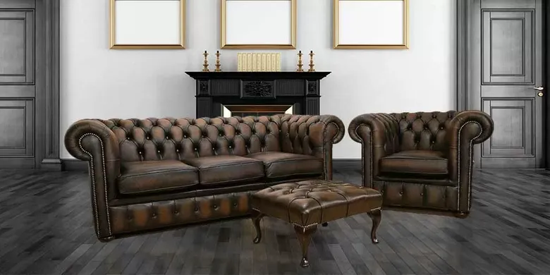 Chesterfield 3 Seater + Club Armchair + Footstool Antique Brown Sofa Offer