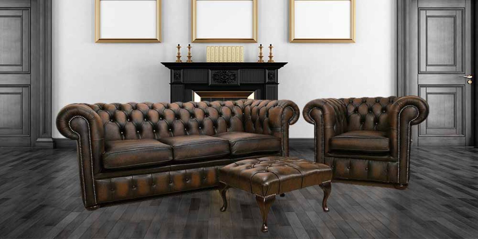 Product photograph of Chesterfield 3 Seater Club Armchair Footstool Antique Brown Sofa Offer from Designer Sofas 4U