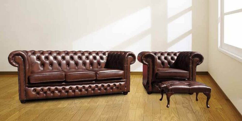 Chesterfield 3 seater + Club Chair + Footstool Antique Brown Offer