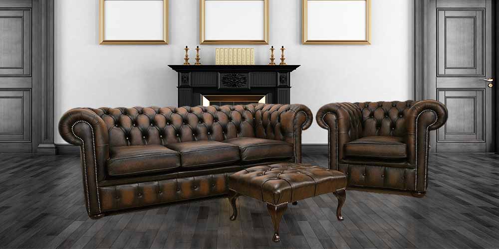 Antique Brown Chesterfield Set: Seater Club Armchair Footstool