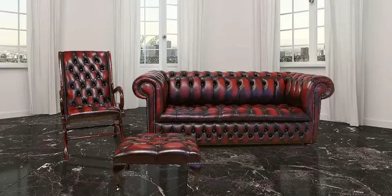 Chesterfield 3 Seater + York Slipper Chair + Footstool Real Antique Leather