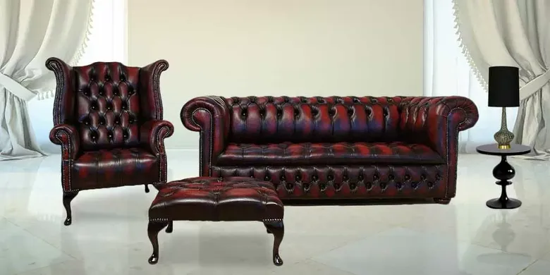 Chesterfield Leather Sofa Buttoned Seat 3+1+Footstool