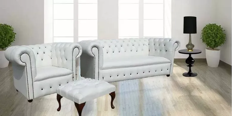 Chesterfield leather sofa buttoned 3+Club chair + Footstool Suite White Leather |Designer Sofas 4U