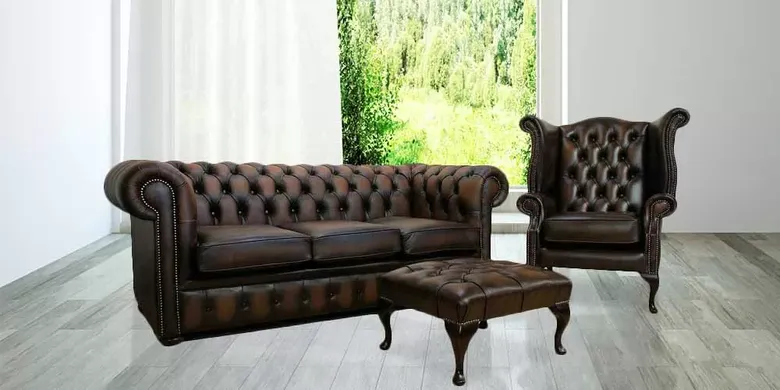 Chesterfield Classic 3+1+ Footstool Sofa Suite Antique Brown Real Leather