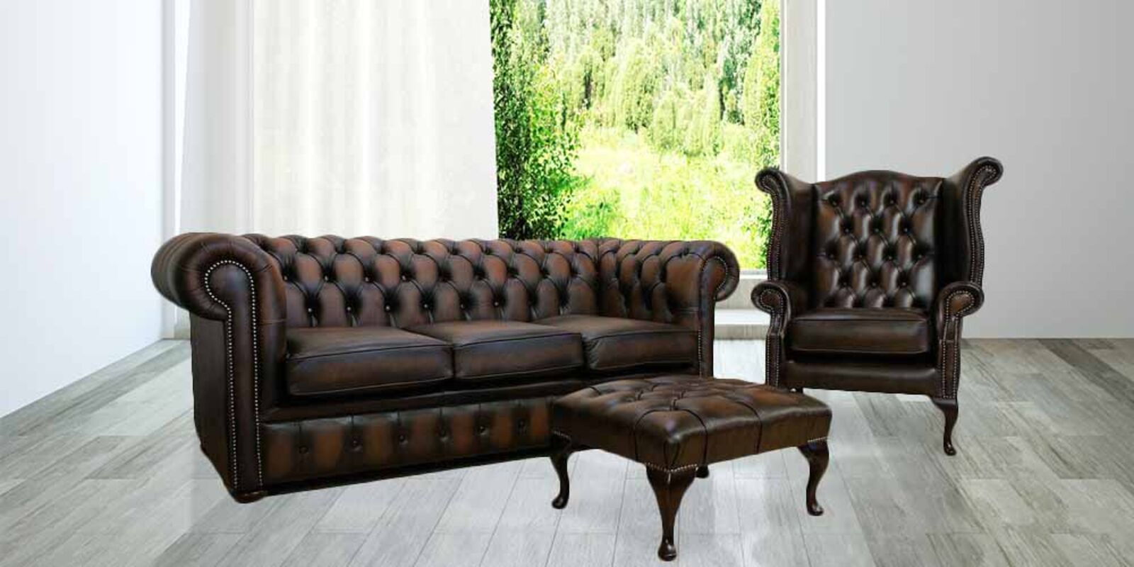 Chesterfield Classic 3+1+ Footstool Sofa Suite Antique Brown Real ...