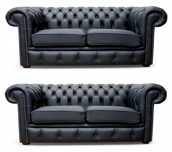 Chesterfield Leather Sofa Suite Black Leather 2+2