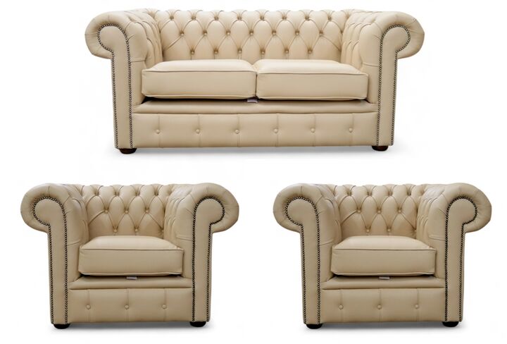 Chesterfield Leather Sofa Suite - British Made 2 Seater + 2 x Club Chairs Ivory