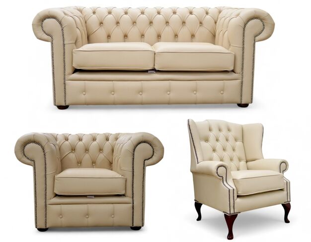 Chesterfield 2 Seater Sofa + Club Chair + Mallory Wing Chair Leather Sofa Suite Offer Ivory