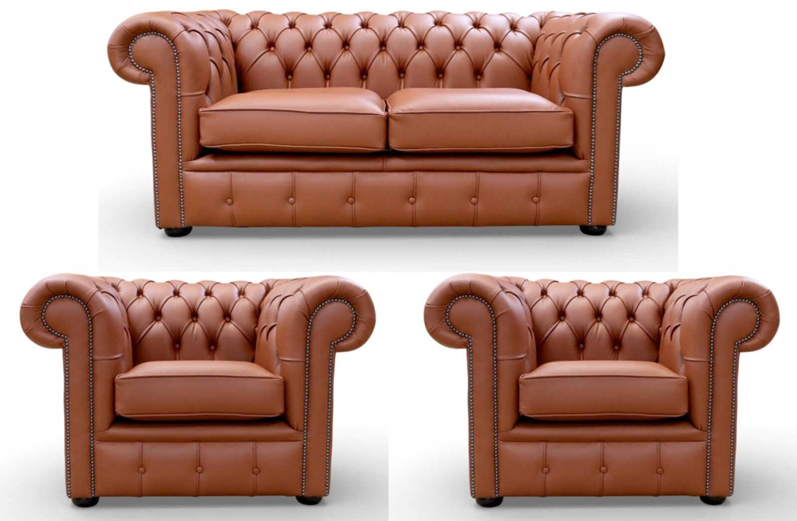 Chesterfield Leather Sofa Suite - British Made 2 Seater + 2 x Club Chairs Spice