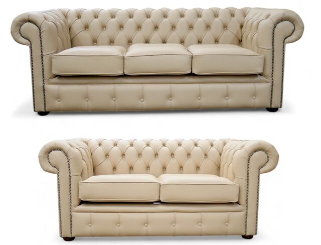 Chesterfield Leather Sofa Suite - British Made 3+2 Seater Ivory