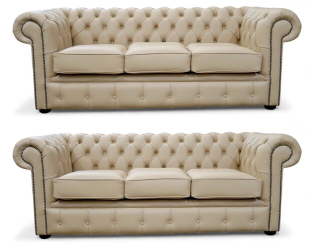 Chesterfield Leather Sofa Suite - British Made 3+3 Seater Ivory