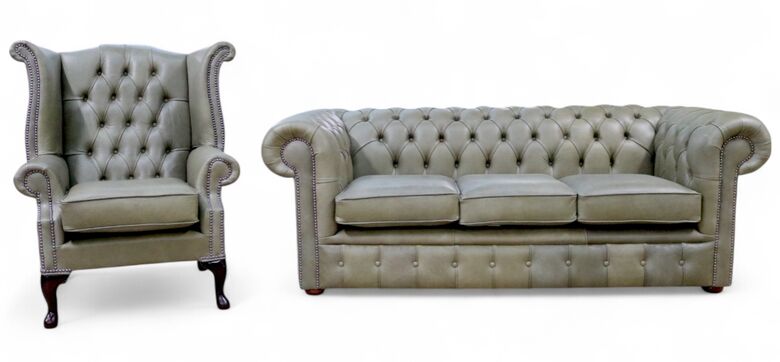 Chesterfield Leather Suite 3 Seater Settee + Queen Anne Wing Armchair Selvaggio Sage Green Offer