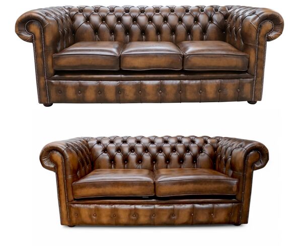 Chesterfield London 3+2 Leather Sofa Suite Antique Tan Real Leather