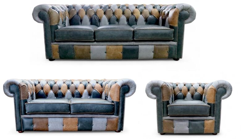 Chesterfield Patchwork 3+2+1 Cracked Wax Leather Sofa Suite