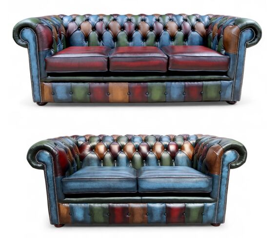 Chesterfield Patchwork 3 Seater + 2 Seater Sofa Suite Antique Real Leather