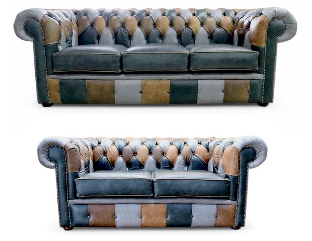 Chesterfield Patchwork 3 Seater + 2 Seater Sofa Suite Cracked Wax Leather