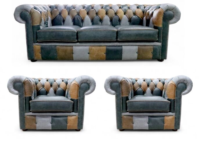 Chesterfield Patchwork 3 Seater + 2 x Club Chairs Cracked Wax Leather Sofa Suite Offer