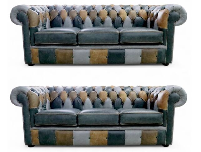 Chesterfield Patchwork 3 Seater + 3 Seater Cracked Wax Leather Sofa Suite Offer