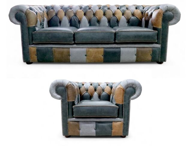 Chesterfield Patchwork 3 Seater + Club Chair Cracked Wax Leather Sofa Suite Offer
