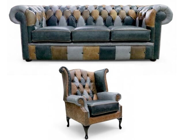 Chesterfield Patchwork 3 Seater sofa + Queen Anne Chair Cracked Wax Leather Sofa Suite Offer