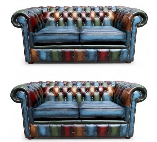 Chesterfield Patchwork Antique 2 Seater + 2 Seater settee Leather Sofa Offer