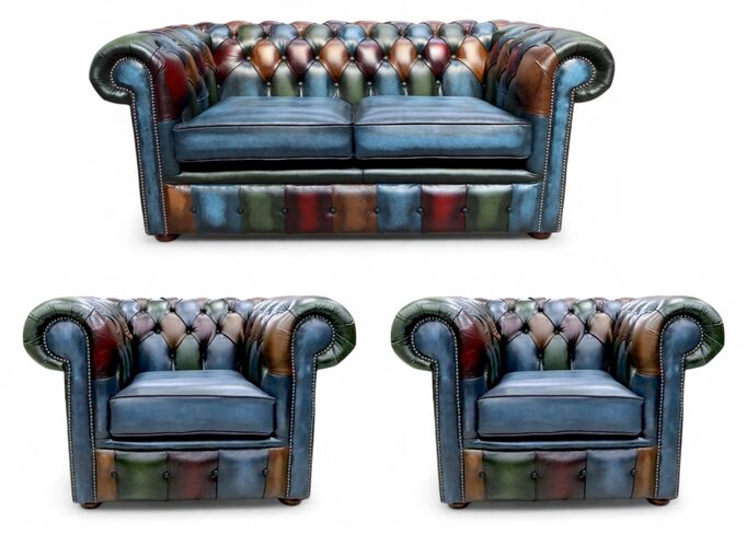 Chesterfield Patchwork Antique 2 Seater + 2 x Club Chair Leather Sofa Offer