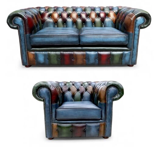 Chesterfield Patchwork Antique 2 Seater + Club Chair Leather Sofa Offer