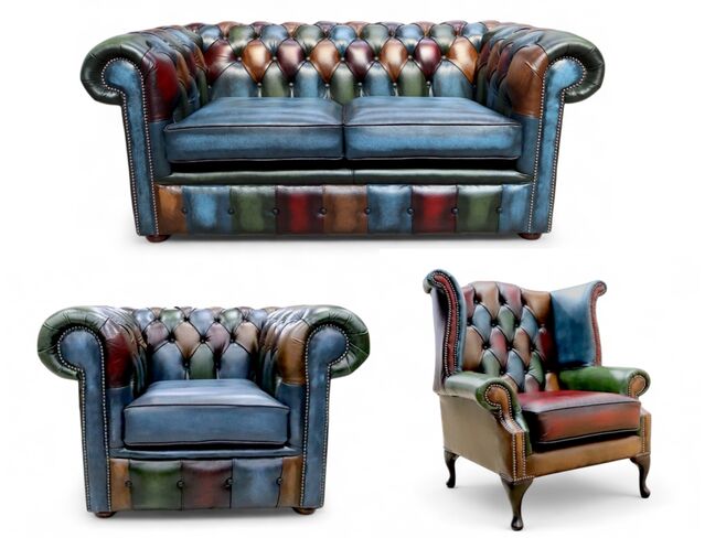 Chesterfield Patchwork Antique 2 Seater + Club Chair + Queen Anne Chair Leather Sofa Offer