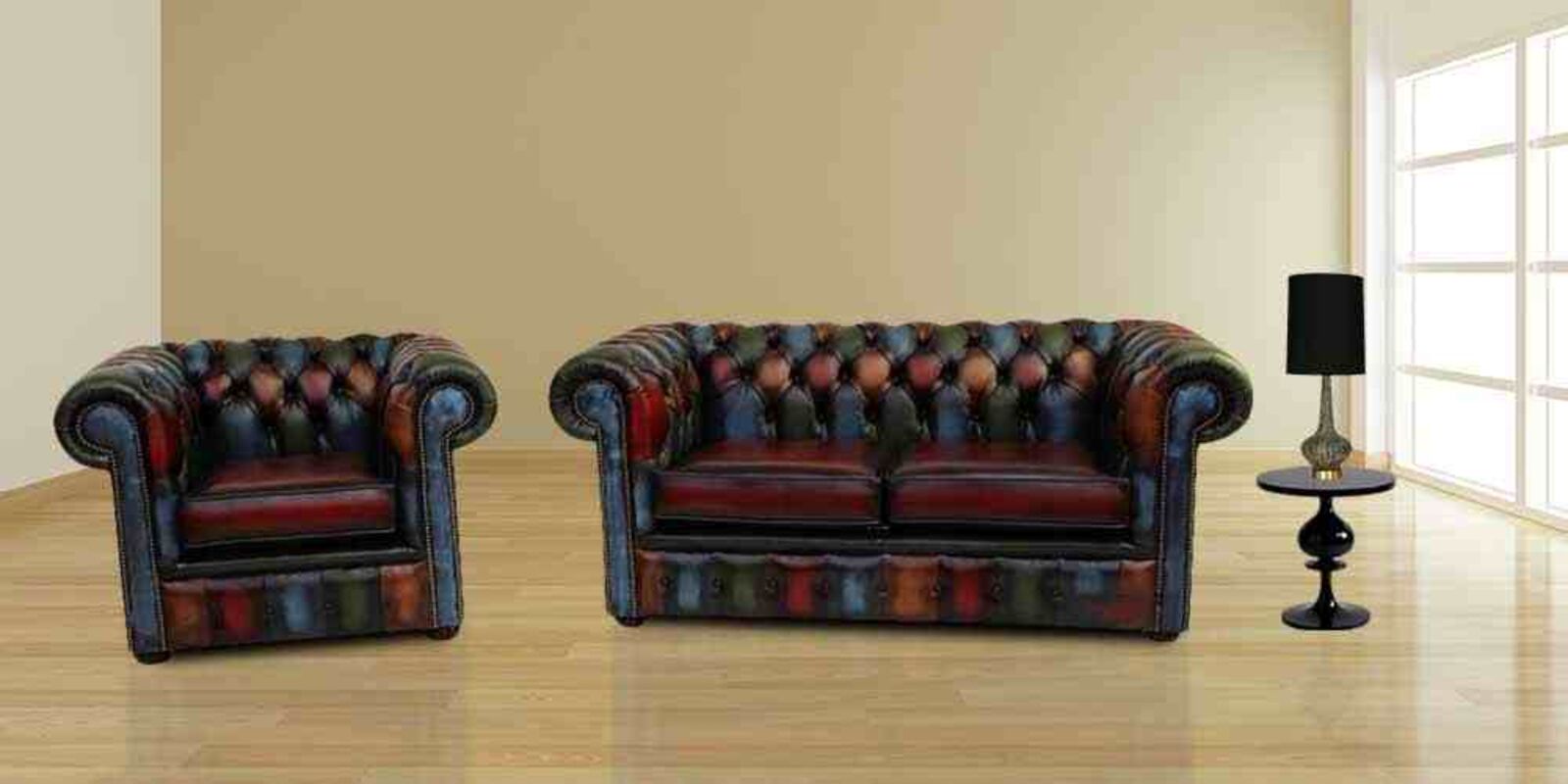 Product photograph of Chesterfield Patchwork Antique 2 Seater Settee Armchair Leather Sofa Offer from Designer Sofas 4U
