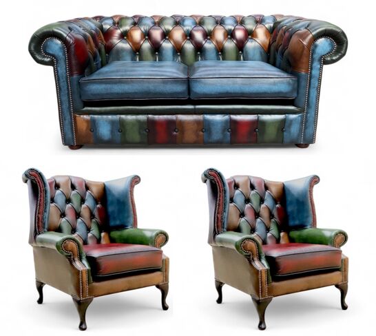 Chesterfield Patchwork Antique 2 Seater sofa + 2 x Queen Anne Chairs Leather Sofa Offer