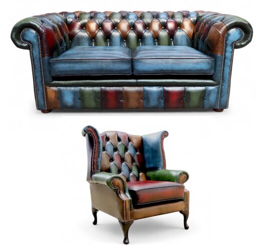 Chesterfield Patchwork Antique 2 Seater Sofa + Queen Anne Chair Leather Sofa Offer