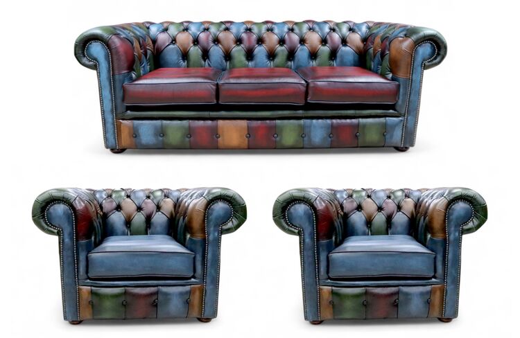 Chesterfield Patchwork Antique 3 Seater + 2 x Club Chairs Leather Sofa Suite Offer