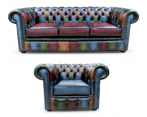 Chesterfield Patchwork Antique 3 Seater + Club chair Leather Sofa Offer